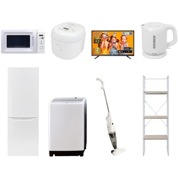 家電セット 寮 オフィス 事務所 新生活家電 8点セット (8kg洗濯機 173L冷蔵庫 電子レンジ 炊飯器 43型液晶テレビ 電気ケトル スティッククリーナー 家電収納ラック) YAMAZEN(山善)