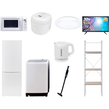 家電セット 寮 オフィス 事務所 新生活家電 9点セット (8kg洗濯機 173L冷蔵庫 電子レンジ 炊飯器 シーリングライト 32型液晶テレビ 電気ケトル 軽量クリーナー YAMAZEN(山善)
