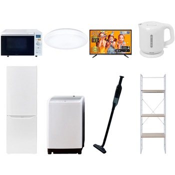 家電セット 寮 オフィス 事務所 新生活家電 8点セット (8kg洗濯機 173L冷蔵庫 オーブンレンジ シーリングライト 43型液晶テレビ 電気ケトル 軽量クリーナー 家電収納ラック) YAMAZEN(山善)