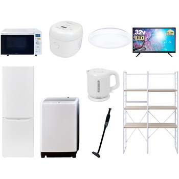 家電セット 寮 オフィス 事務所 新生活家電 9点セット (8kg洗濯機 173L冷蔵庫 オーブンレンジ 炊飯器 シーリングライト 32型液晶テレビ 電気ケトル 軽量クリーナー YAMAZEN(山善)
