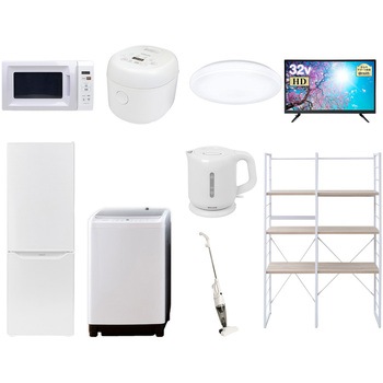 173D32DZCW9テン5W 家電セット 寮 オフィス 事務所 新生活家電 9点セット (8kg洗濯機 173L冷蔵庫 電子レンジ 炊飯器 シーリングライト 32型液晶テレビ 電気ケトル スティッククリーナー 家電収納ラック) YAMAZEN(山善) 64658145