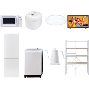 家電セット 寮 オフィス 事務所 新生活家電 8点セット (8kg洗濯機 173L冷蔵庫 電子レンジ 炊飯器 シーリングライト 43型液晶テレビ 温調ケトル 家電収納ラック) YAMAZEN(山善)