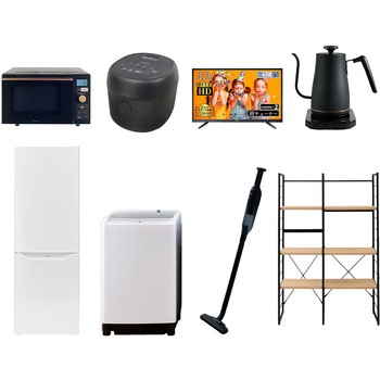 173D43/81ZSW8テン 家電セット 寮 オフィス 事務所 新生活家電 8点セット (8kg洗濯機 173L冷蔵庫 オーブンレンジ 炊飯器 43型液晶テレビ 温調ケトル 軽量クリーナー 家電収納ラック) YAMAZEN(山善) 64658459