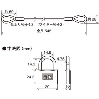 Φ4.3x 545mm ワイヤーロック(シリンダー錠) エスコ