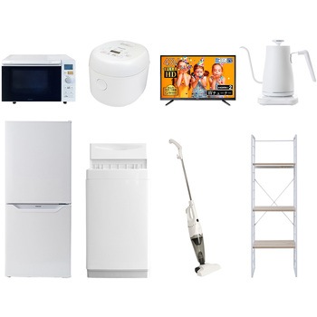 家電セット 寮 オフィス 事務所 新生活家電 8点セット (6kg洗濯機 106L冷蔵庫 オーブンレンジ 炊飯器 43型液晶テレビ 温調ケトル スティッククリーナー 家電収納ラック) YAMAZEN(山善)