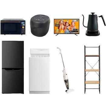 家電セット 寮 オフィス 事務所 新生活家電 8点セット (6kg洗濯機 106L冷蔵庫 オーブンレンジ 炊飯器 43型液晶テレビ 温調ケトル スティッククリーナー 家電収納ラック) YAMAZEN(山善)