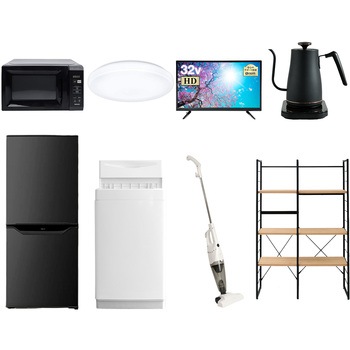 家電セット 寮 オフィス 事務所 新生活家電 8点セット (6kg洗濯機 106L冷蔵庫 電子レンジ シーリングライト 32型液晶テレビ 温調ケトル スティッククリーナー YAMAZEN(山善)