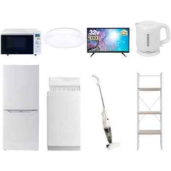 家電セット 寮 オフィス 事務所 新生活家電 8点セット (6kg洗濯機 106L冷蔵庫 オーブンレンジ シーリングライト 32型液晶テレビ 電気ケトル スティッククリーナー 家電収納ラック) YAMAZEN(山善)