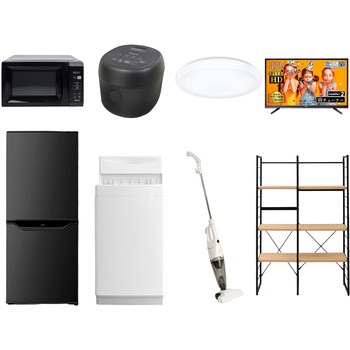 家電セット 寮 オフィス 事務所 新生活家電 8点セット (6kg洗濯機 106L冷蔵庫 電子レンジ 炊飯器 シーリングライト 43型液晶テレビ スティッククリーナー 家電収納ラック) YAMAZEN(山善)