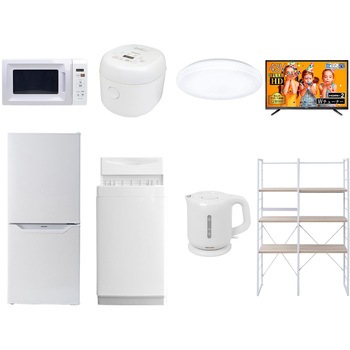 家電セット 寮 オフィス 事務所 新生活家電 8点セット (6kg洗濯機 106L冷蔵庫 電子レンジ 炊飯器 シーリングライト 43型液晶テレビ 電気ケトル 家電収納ラック) YAMAZEN(山善)