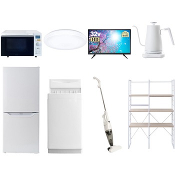 家電セット 寮 オフィス 事務所 新生活家電 8点セット (6kg洗濯機 106L冷蔵庫 オーブンレンジ シーリングライト 32型液晶テレビ 温調ケトル スティッククリーナー 家電収納ラック) YAMAZEN(山善)