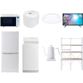 家電セット 寮 オフィス 事務所 新生活家電 8点セット (6kg洗濯機 106L冷蔵庫 オーブンレンジ 炊飯器 シーリングライト 32型液晶テレビ 温調ケトル 家電収納ラック) YAMAZEN(山善)