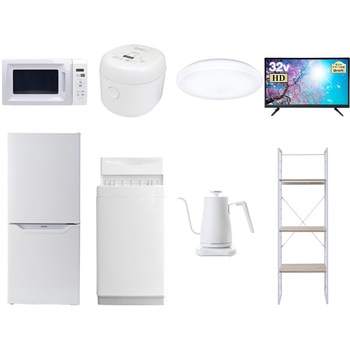 家電セット 寮 オフィス 事務所 新生活家電 8点セット (6kg洗濯機 106L冷蔵庫 電子レンジ 炊飯器 シーリングライト 32型液晶テレビ 温調ケトル 家電収納ラック) YAMAZEN(山善)