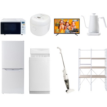 家電セット 寮 オフィス 事務所 新生活家電 8点セット (6kg洗濯機 106L冷蔵庫 オーブンレンジ 炊飯器 43型液晶テレビ 温調ケトル スティッククリーナー 家電収納ラック) YAMAZEN(山善)
