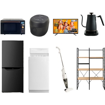 家電セット 寮 オフィス 事務所 新生活家電 8点セット (6kg洗濯機 106L冷蔵庫 オーブンレンジ 炊飯器 43型液晶テレビ 温調ケトル スティッククリーナー 家電収納ラック) YAMAZEN(山善)