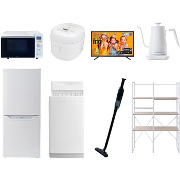 家電セット 寮 オフィス 事務所 新生活家電 8点セット (6kg洗濯機 106L冷蔵庫 オーブンレンジ 炊飯器 43型液晶テレビ 温調ケトル 軽量クリーナー 家電収納ラック) YAMAZEN(山善)