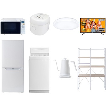 家電セット 寮 オフィス 事務所 新生活家電 8点セット (6kg洗濯機 106L冷蔵庫 オーブンレンジ 炊飯器 シーリングライト 43型液晶テレビ 温調ケトル 家電収納ラック) YAMAZEN(山善)