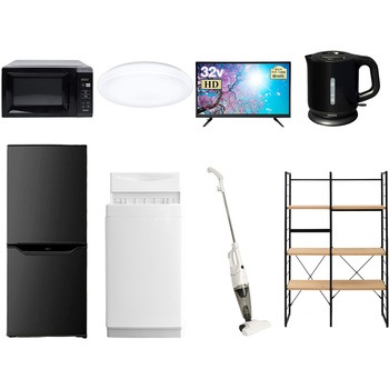 家電セット 寮 オフィス 事務所 新生活家電 8点セット (6kg洗濯機 106L冷蔵庫 電子レンジ シーリングライト 32型液晶テレビ 電気ケトル スティッククリーナー YAMAZEN(山善)