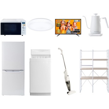 家電セット 寮 オフィス 事務所 新生活家電 8点セット (6kg洗濯機 106L冷蔵庫 オーブンレンジ シーリングライト 43型液晶テレビ 温調ケトル スティッククリーナー 家電収納ラック) YAMAZEN(山善)