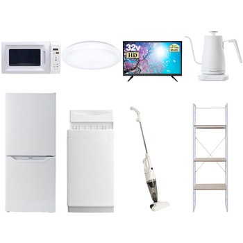 家電セット 寮 オフィス 事務所 新生活家電 8点セット (6kg洗濯機 106L冷蔵庫 電子レンジ シーリングライト 32型液晶テレビ 温調ケトル スティッククリーナー YAMAZEN(山善)