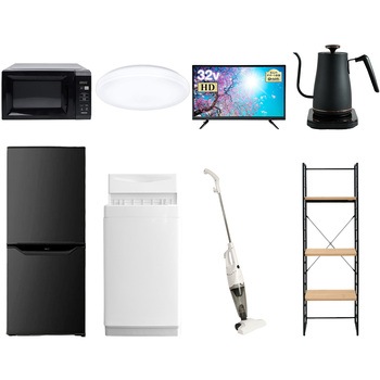 家電セット 寮 オフィス 事務所 新生活家電 8点セット (6kg洗濯機 106L冷蔵庫 電子レンジ シーリングライト 32型液晶テレビ 温調ケトル スティッククリーナー YAMAZEN(山善)