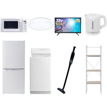 家電セット 寮 オフィス 事務所 新生活家電 8点セット (6kg洗濯機 106L冷蔵庫 電子レンジ シーリングライト 32型液晶テレビ 電気ケトル 軽量クリーナー 家電収納ラック) YAMAZEN(山善)