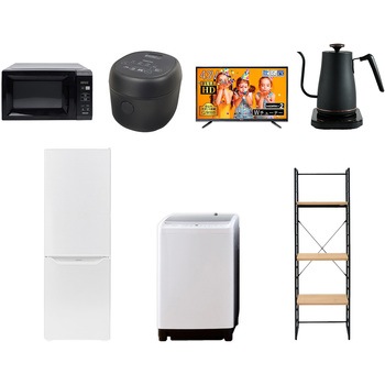家電セット 寮 オフィス 事務所 新生活家電 7点セット (8kg洗濯機 173L冷蔵庫 電子レンジ 炊飯器 43型液晶テレビ 温調ケトル 家電収納ラック) YAMAZEN(山善)