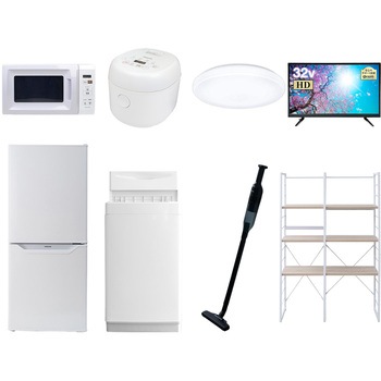 家電セット 寮 オフィス 事務所 新生活家電 8点セット (6kg洗濯機 106L冷蔵庫 電子レンジ 炊飯器 シーリングライト 32型液晶テレビ 軽量クリーナー 家電収納ラック) YAMAZEN(山善)