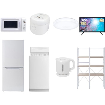 家電セット 寮 オフィス 事務所 新生活家電 8点セット (6kg洗濯機 106L冷蔵庫 電子レンジ 炊飯器 シーリングライト 32型液晶テレビ 電気ケトル 家電収納ラック) YAMAZEN(山善)