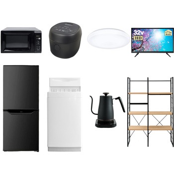 家電セット 寮 オフィス 事務所 新生活家電 8点セット (6kg洗濯機 106L冷蔵庫 電子レンジ 炊飯器 シーリングライト 32型液晶テレビ 温調ケトル 家電収納ラック) YAMAZEN(山善)