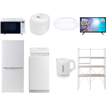 家電セット 寮 オフィス 事務所 新生活家電 8点セット (6kg洗濯機 106L冷蔵庫 オーブンレンジ 炊飯器 シーリングライト 32型液晶テレビ 電気ケトル 家電収納ラック) YAMAZEN(山善)