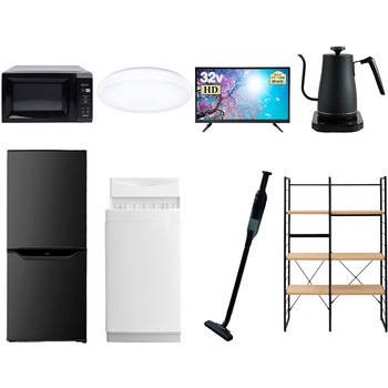 家電セット 寮 オフィス 事務所 新生活家電 8点セット (6kg洗濯機 106L冷蔵庫 電子レンジ シーリングライト 32型液晶テレビ 温調ケトル 軽量クリーナー 家電収納ラック) YAMAZEN(山善)