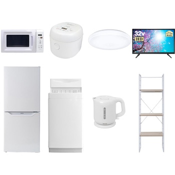 家電セット 寮 オフィス 事務所 新生活家電 8点セット (6kg洗濯機 106L冷蔵庫 電子レンジ 炊飯器 シーリングライト 32型液晶テレビ 電気ケトル 家電収納ラック) YAMAZEN(山善)
