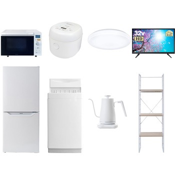 家電セット 寮 オフィス 事務所 新生活家電 8点セット (6kg洗濯機 106L冷蔵庫 オーブンレンジ 炊飯器 シーリングライト 32型液晶テレビ 温調ケトル 家電収納ラック) YAMAZEN(山善)