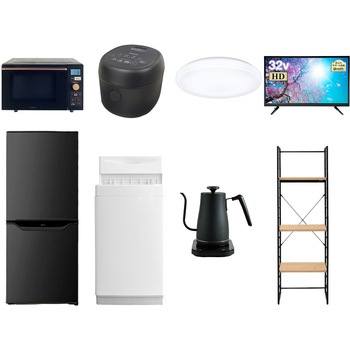 家電セット 寮 オフィス 事務所 新生活家電 8点セット (6kg洗濯機 106L冷蔵庫 オーブンレンジ 炊飯器 シーリングライト 32型液晶テレビ 温調ケトル 家電収納ラック) YAMAZEN(山善)