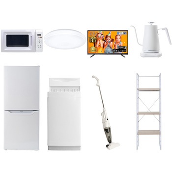 家電セット 寮 オフィス 事務所 新生活家電 8点セット (6kg洗濯機 106L冷蔵庫 電子レンジ シーリングライト 43型液晶テレビ 温調ケトル スティッククリーナー YAMAZEN(山善)