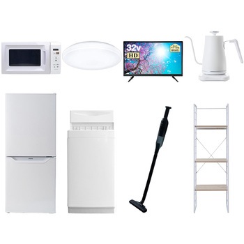 家電セット 寮 オフィス 事務所 新生活家電 8点セット (6kg洗濯機 106L冷蔵庫 電子レンジ シーリングライト 32型液晶テレビ 温調ケトル 軽量クリーナー 家電収納ラック) YAMAZEN(山善)