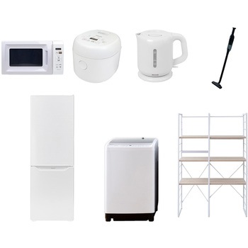173LDDKZSW7テン5W 家電セット 寮 オフィス 事務所 新生活家電 7点セット (8kg洗濯機 173L冷蔵庫 電子レンジ 炊飯器 電気ケトル 軽量クリーナー 家電収納ラック) YAMAZEN(山善) 64696968