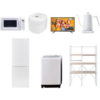 家電セット 寮 オフィス 事務所 新生活家電 7点セット (8kg洗濯機 173L冷蔵庫 電子レンジ 炊飯器 43型液晶テレビ 温調ケトル 家電収納ラック) YAMAZEN(山善)