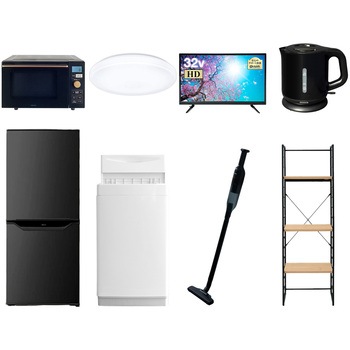 家電セット 寮 オフィス 事務所 新生活家電 8点セット (6kg洗濯機 106L冷蔵庫 オーブンレンジ シーリングライト 32型液晶テレビ 電気ケトル 軽量クリーナー YAMAZEN(山善)