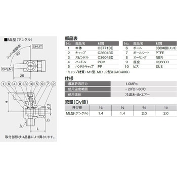 R1/4"x 8.0mm ミニボールバルブ(アングル/ホースジョイント エスコ