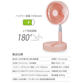 NY-F100(LW) 風量3段階 15cm 折りたたみ式 充電扇風機 1台 YAMAZEN