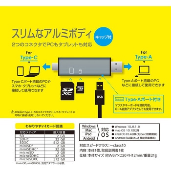 USB2.0 Type-C&Aアルミカードリーダー ナカバヤシ