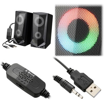 USB電源スピーカー ブラック LEDイルミ搭載 音量調節可 外部接続 4.8W出力 - オーム電機