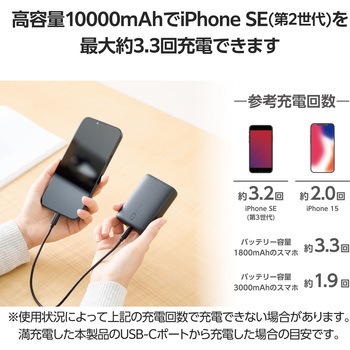 モバイルバッテリー 10000mAh 大容量 軽量 小型 PD 20W 入出力(USB Type-C×2) C-Cケーブル付属 エレコム