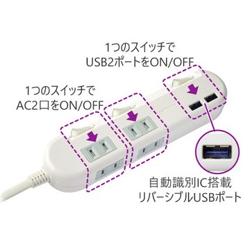 USBポート付AC充電器タップ 4AC-2USB-3.4A SW カシムラ