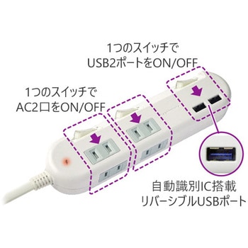USBポート付AC充電器タップ 4AC-2USB-3.4A SW 雷 カシムラ