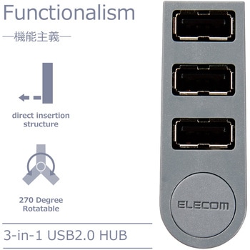 USBハブ USB2.0 3ポート バスパワー 直挿し MacBook Surface Chromebook他ノートPC対応 グレー エレコム