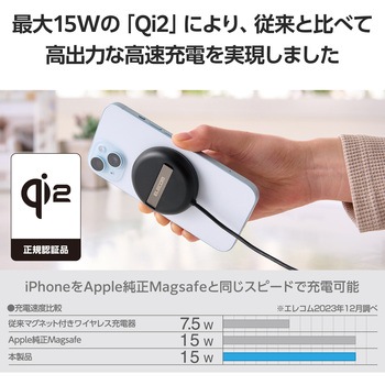ワイヤレス充電器 Qi認証 Qi2対応 15W/7.5W/5W マグネット式 卓上 スタンド 2Way ケーブル一体 1m エレコム