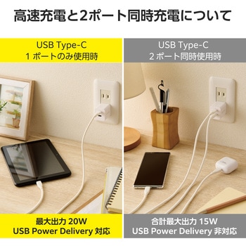 USB Type-C コンセント 充電器 PD 20W TypeC×2 折りたたみプラグ 軽量 エレコム
